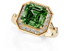 Fancy Green Asscher Cut Diamond Halo Engagement Ring Set in Yellow gold with Twisted Band and Prong Setting