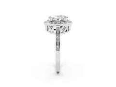 Oval Cut Diamond Halo Ring Set in White gold with Accent-Lined Split Shank and Prong Setting