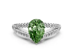 Fancy Green Pear Cut Diamond Split Shank Pavé Engagement Ring Set in Silver with Prong-Held Center Stone