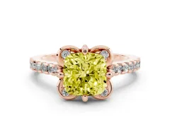 Fancy Yellow Cushion Cut Diamond Solitaire Ring Set in Rose gold with Pavé Band and Floral Prong Setting