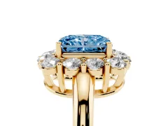 Fancy Blue Radiant Cut Diamond Halo Cluster Engagement Ring Set in Yellow gold with Polished Band and Prong Setting