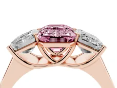 Fancy Pink Emerald Cut Diamond Three-Stone Ring Set in Rose gold with Plain Polished Band