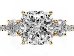 Cushion Cut Diamond Three-Stone Ring Set in Yellow gold with Pavé Band and Graduated Sides