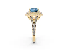 Fancy Blue Princess Cut Diamond Double Halo Ring Set in Yellow gold with Pavé Band