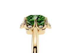 Fancy Green Cushion Cut Diamond Round Cluster Halo Ring Set in Yellow gold with Solitaire Band and Prong Setting