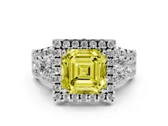 Fancy Yellow Asscher Cut Diamond Halo Split Shank Ring Set in Silver with Round Accent Stones and Prong Setting