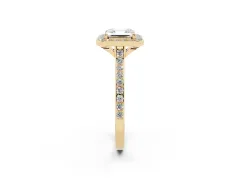Asscher Cut Diamond Halo Engagement Ring Set in Yellow gold with Round Pavé Shoulders and Heart Gallery