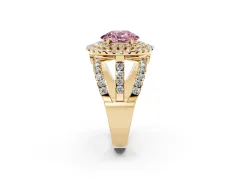 Fancy Pink Oval Cut Diamond Double Halo Ring Set in Yellow gold with Round Pavé Split Shank