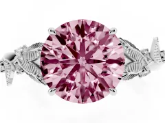 Fancy Pink Round Cut Diamond Solitaire Ring Set in White gold with Leaf Motif Band