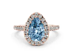 Fancy Blue Pear Cut Diamond Halo Pavé Engagement Ring Set in Rose gold with Prong Setting