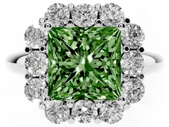 Fancy Green Princess Cut Diamond Milgrain Halo Solitaire Ring Set in White gold with Bezel Set Side Stones and Pavé Band