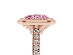 Fancy Pink Radiant Cut Diamond Halo Milgrain Pavé Band Ring Set in Rose gold with Prong Setting