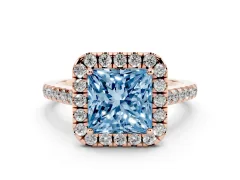 Fancy Blue Princess Cut Diamond Pavé Halo Engagement Ring Set in Rose gold with Pavé Band and Prong Setting