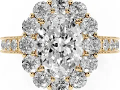 Oval Cut Diamond Halo Pavé Engagement Ring Set in Yellow gold with Milgrain Detailing