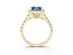 Fancy Blue Asscher Cut Diamond Halo Engagement Ring Set in Yellow gold with Pavé Band and Prong-Set Center