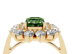Fancy Green Emerald Cut Diamond Floral Double Halo Ring Set in Yellow gold with Round Petals