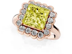 Fancy Yellow Princess Cut Diamond Halo Cluster Engagement Ring Set in Rose gold with Solitaire Band and Prong Setting