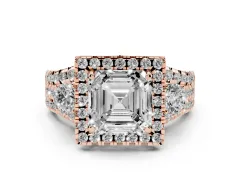 Asscher Cut Diamond Halo Split Shank Ring Set in Rose gold with Round Accent Stones and Prong Setting