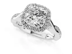 Cushion Cut Diamond Halo Twist Band Solitaire Ring Set in Platinum with Prong Setting