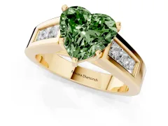 Fancy Green Heart Cut Diamond Solitaire Ring Set in Yellow gold with Channel-Set Accent Stones and Prong Setting