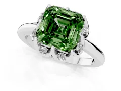 Fancy Green Asscher Cut Diamond Round Cluster Halo Ring Set in White gold with Solitaire Band and Prong Setting