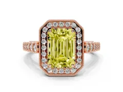 Fancy Yellow Emerald Cut Diamond Milgrain Halo Solitaire Ring Set in Rose gold with Bezel Set Side Stones and Pavé Band