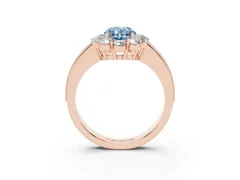 Fancy Blue Oval Cut Diamond Halo Pavé Engagement Ring Set in Rose gold with Milgrain Detailing