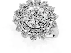 Round Cut Diamond Floral Double Halo Ring Set in Silver with Round Petals