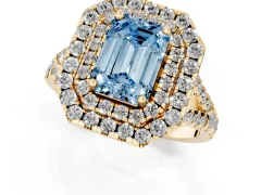 Fancy Blue Emerald Cut Diamond Double Halo Ring Set in Yellow gold with Pavé Split Shank and Prong Setting