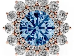 Fancy Blue Round Cut Diamond Floral Double Halo Ring Set in Rose gold with Round Petals
