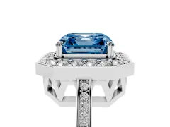 Fancy Blue Asscher Cut Diamond Halo Ring Set in Silver with Accent-Lined Split Shank and Prong Setting