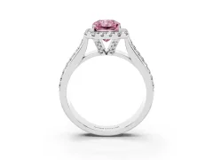 Fancy Pink Radiant Cut Diamond Halo Ring Set in White gold with Pavé Band and Raised Center Setting