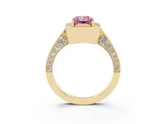 Fancy Pink Radiant Cut Diamond Halo Engagement Ring Set in Yellow gold with Accent Split Shank Band