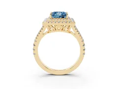 Fancy Blue Princess Cut Diamond Double Halo Ring Set in Yellow gold with Pavé Band