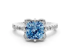 Fancy Blue Cushion Cut Diamond Solitaire Ring Set in Silver with Pavé Band and Floral Prong Setting