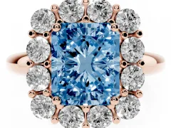 Fancy Blue Radiant Cut Diamond Halo Cluster Engagement Ring Set in Rose gold with Polished Band and Prong Setting