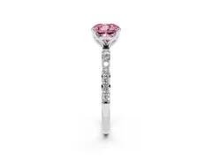 Fancy Pink Cushion Cut Diamond Solitaire Engagement Ring Set in Platinum with Round Pavé Band and Prong Setting