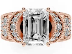 Emerald Cut Diamond Milgrain Halo Pavé Engagement Ring Set in Rose gold with Prong Setting