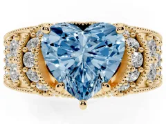 Fancy Blue Heart Cut Diamond Milgrain Halo Pavé Engagement Ring Set in Yellow gold with Prong Setting