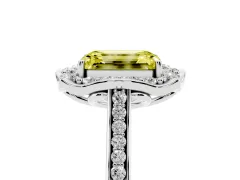 Fancy Yellow Emerald Cut Diamond Halo Ring Set in Silver with Pavé-Lined Shoulders and Prong Setting