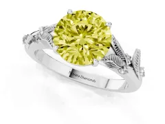 Fancy Yellow Round Cut Diamond Solitaire Ring Set in Silver with Leaf Motif Band