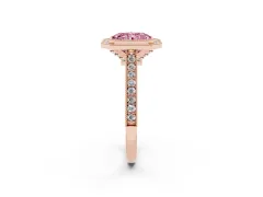 Fancy Pink Radiant Cut Diamond Halo Milgrain Pavé Band Ring Set in Rose gold with Prong Setting
