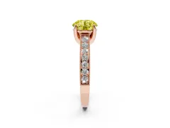Fancy Yellow Round Cut Diamond Solitaire Ring Set in Rose gold with Milgrain-Edged Pavé Band and Prong Setting