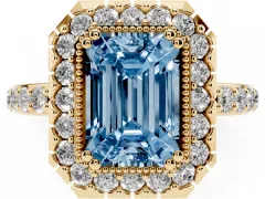 Fancy Blue Emerald Cut Diamond Halo Ring Set in Yellow gold with Pavé Shank and Prong Setting