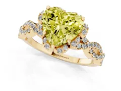 Fancy Yellow Heart Cut Diamond Halo Twist Band Solitaire Ring Set in Yellow gold with Prong-Set Center Stone