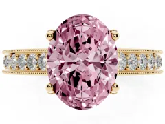 Fancy Pink Oval Cut Diamond Solitaire Ring Set in Yellow gold with Milgrain-Edged Pavé Band and Prong Setting
