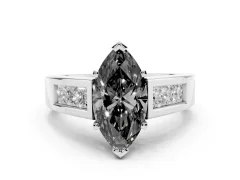 Fancy Black Marquise Cut Diamond Solitaire Ring Set in White gold with Channel-Set Accent Stones and Prong Setting
