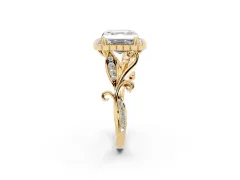 Asscher Cut Diamond Halo Ring Set in Yellow gold with Leaf Motif Split Shank and Prong Setting