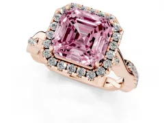 Fancy Pink Asscher Cut Diamond Halo Twist Band Solitaire Ring Set in Rose gold with Prong Setting