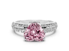 Fancy Pink Heart Cut Diamond Solitaire Ring Set in Silver with Multi-Row Round Pavé Band and Prong Setting